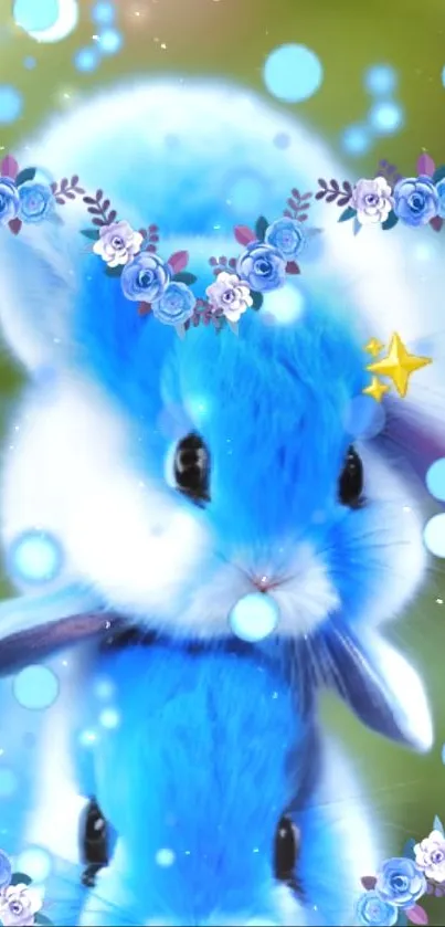 Cute blue bunny with floral decorations and star accents.