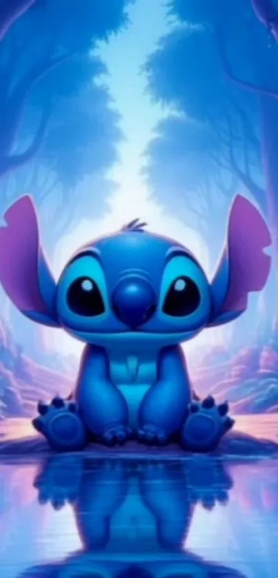 Cute blue cartoon character in a vibrant forest.