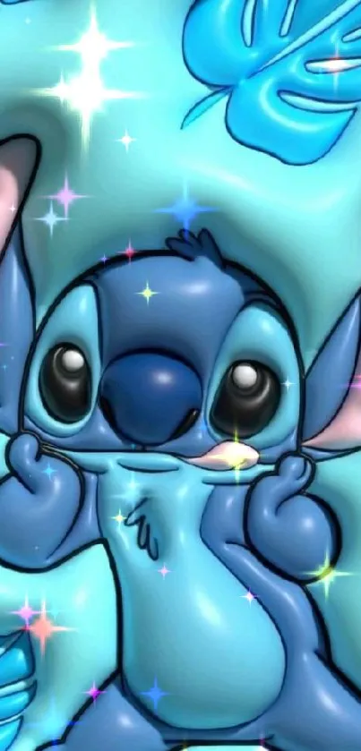 Cute blue cartoon character with sparkles and leaves.