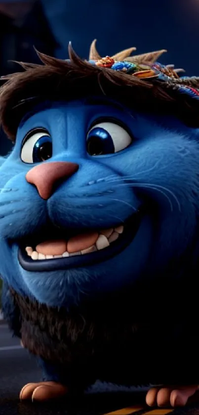 Cute blue cartoon character with feathers on head in a street scene.