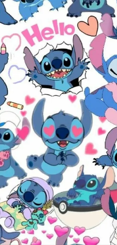 Cute blue cartoon characters wallpaper with hearts.