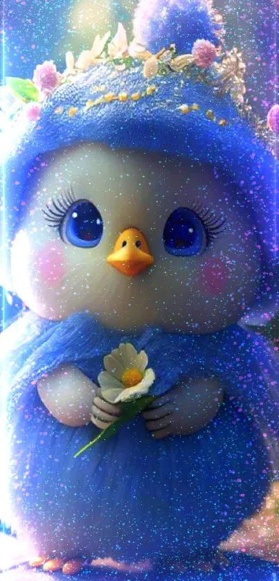 Cute cartoon chick with flower in a forest.