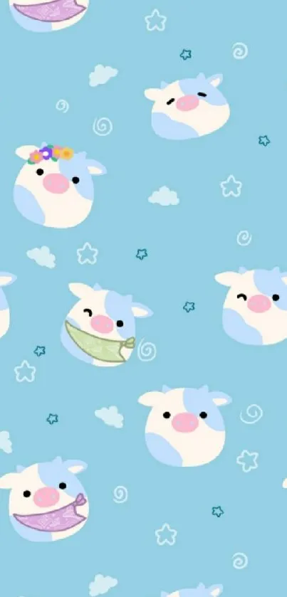 Cute blue background with cartoon cow pattern.