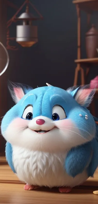 Cute cartoon hamster in cozy room with blue fur and warm lighting.