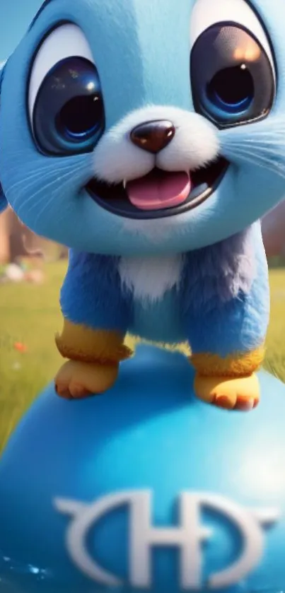 Adorable blue cartoon puppy on a ball.