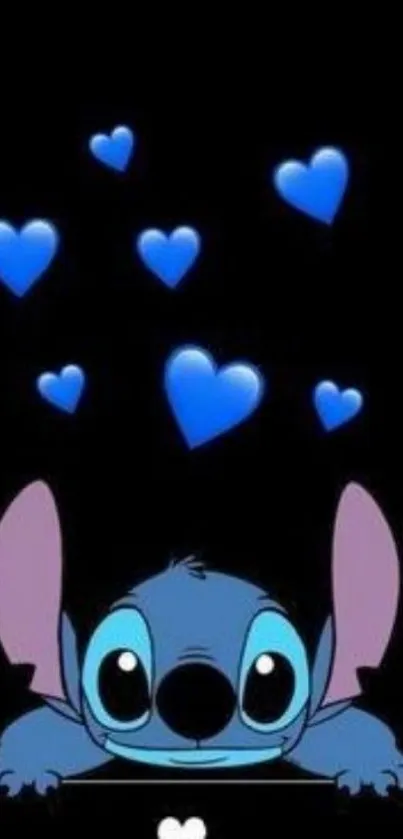 Cute cartoon character with blue hearts on black background.