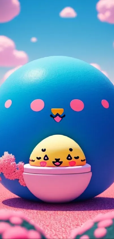 Cute blue character with pink clouds on colorful wallpaper.