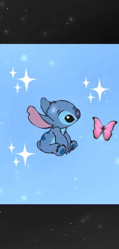 Cute blue creature with butterfly and stars on light blue background.