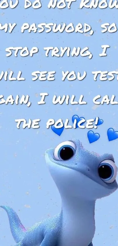 Cute blue cartoon character with funny text on a light blue background.