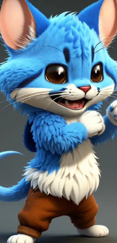 Adorable cartoon blue cat in playful stance with fluffy fur.