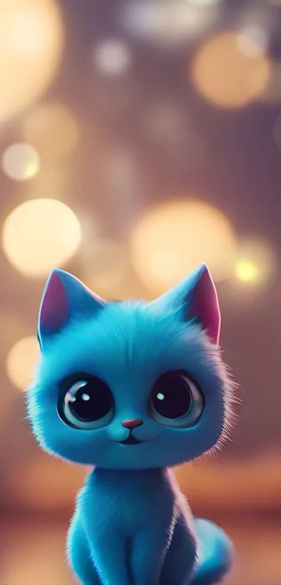 Adorable blue cat with big eyes and bokeh background on mobile wallpaper.