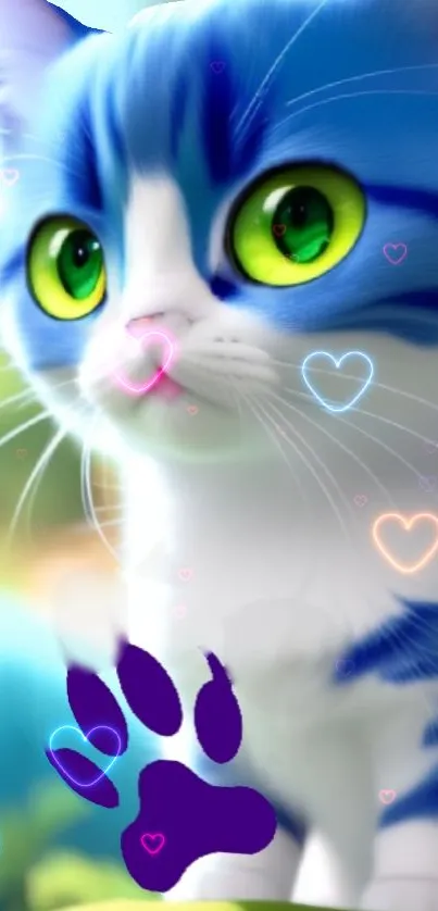 Blue-striped cat with green eyes and hearts in whimsical setting.