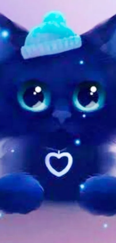 Cute blue cat with glowing eyes and beanie on a wallpaper background.