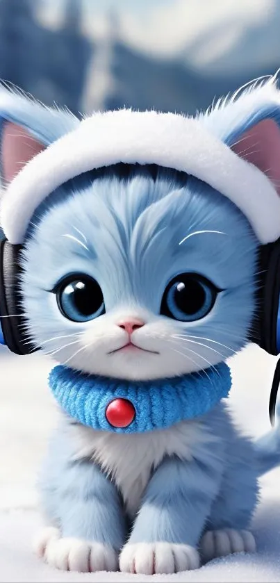 Adorable blue cartoon cat wearing headphones in the snow.