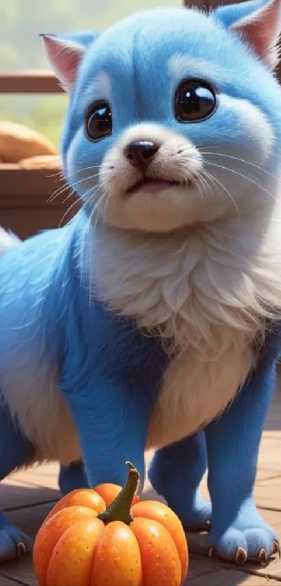 Cute blue kitten with an orange pumpkin on wooden floor.