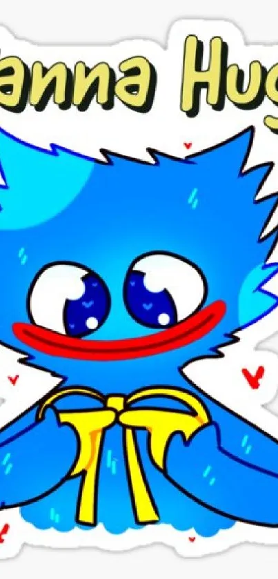 Cute blue cartoon character with 'Wanna Hug!!' text.