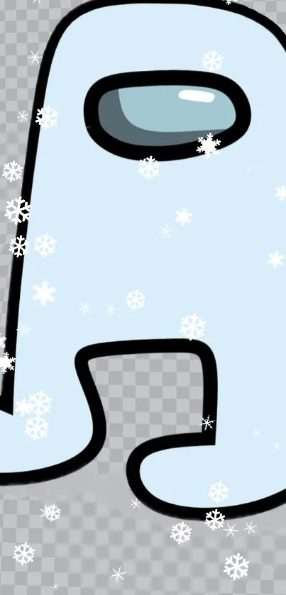 Cute cartoon character on light blue background with snowflakes.