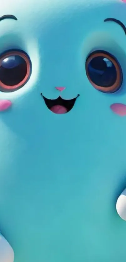 Cute blue cartoon character with big eyes and smile.