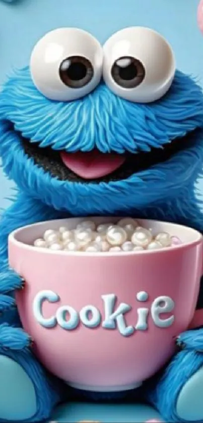 Blue character holds pink cup, smiling with marshmallows.