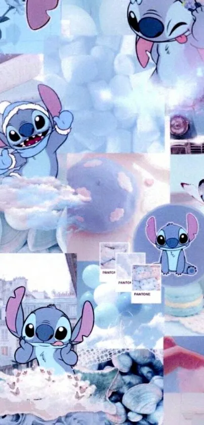 Playful blue character in pastel collage wallpaper.