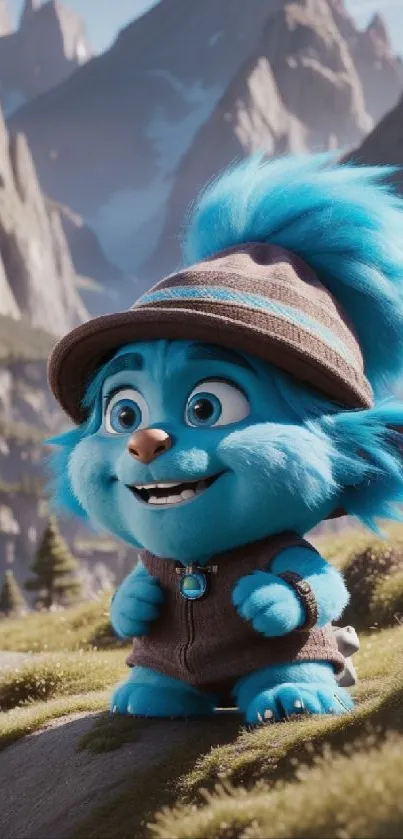 Cute blue creature in mountain landscape, wearing a hat.