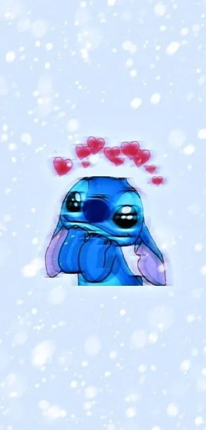 Cute blue creature with hearts and light blue snowy background.