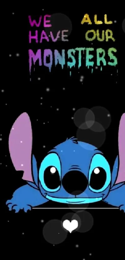 Adorable blue creature with colorful text on black background.