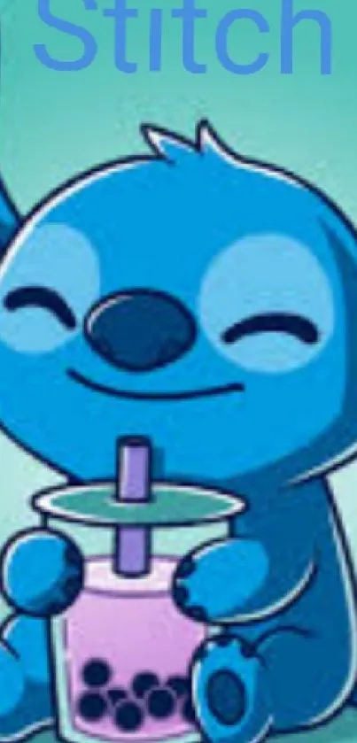 Cute blue cartoon creature with bubble tea.