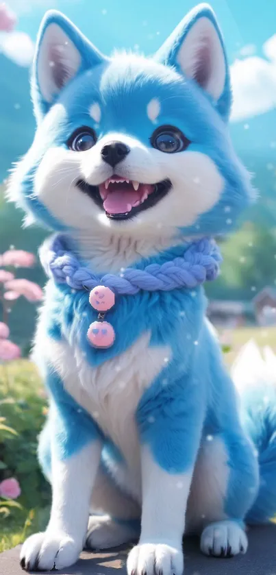 Cute blue cartoon dog in floral setting.