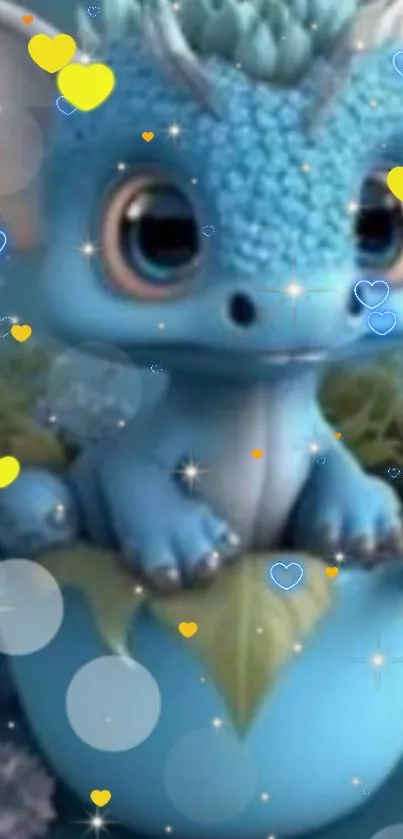 Adorable blue dragon in a magical, cute setting with a dreamy background.