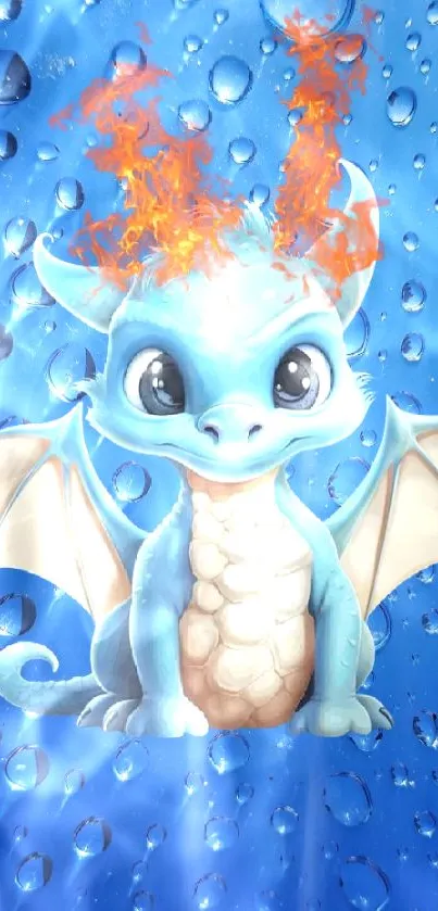 Cute blue dragon with fiery head and water droplets.