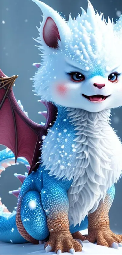 Charming blue dragon with snow-filled design on a magical background.