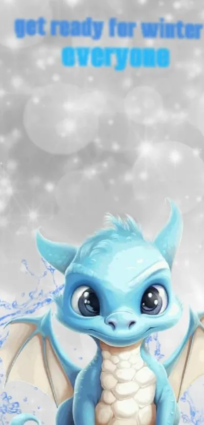 Adorable blue dragon on whimsical winter wallpaper.