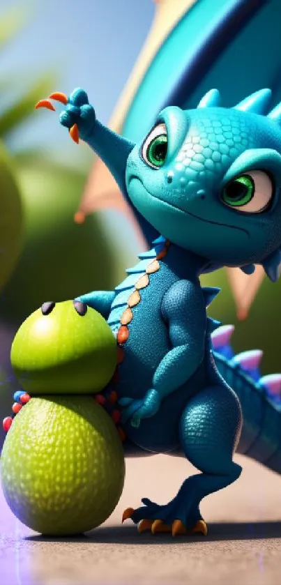Cute blue dragon with green details on phone wallpaper.