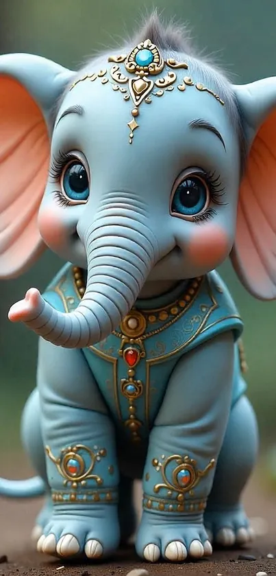 Cute blue elephant with ornaments on mobile wallpaper.