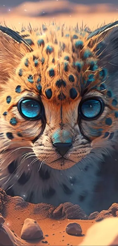 Cheetah cub with blue eyes in sandy desert landscape.