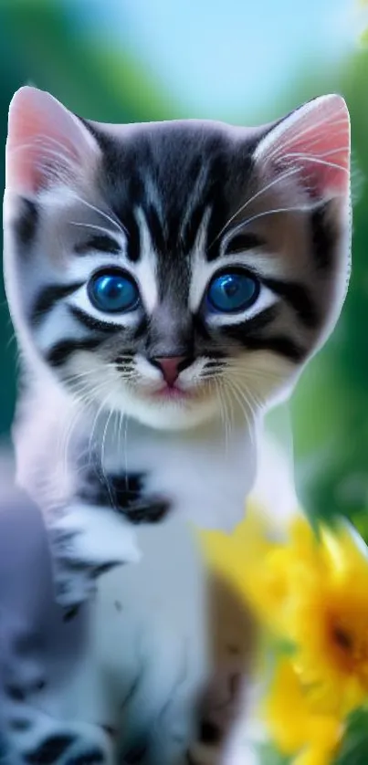 Adorable blue-eyed kitten with nature background, vibrant colors.