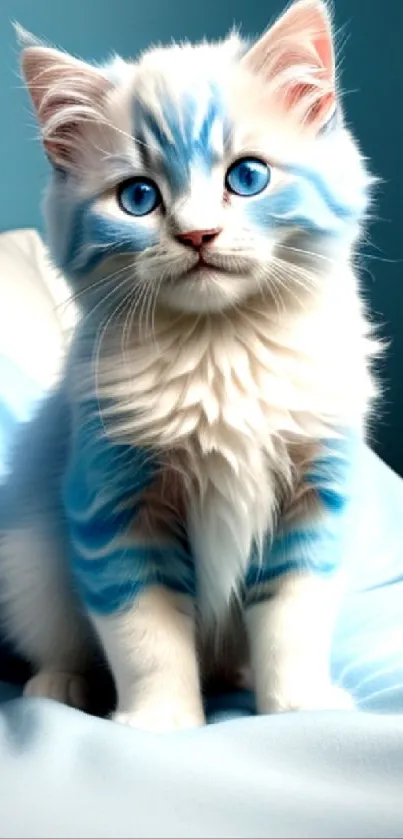 A cute blue-striped kitten with vibrant blue eyes on a soft blue blanket.