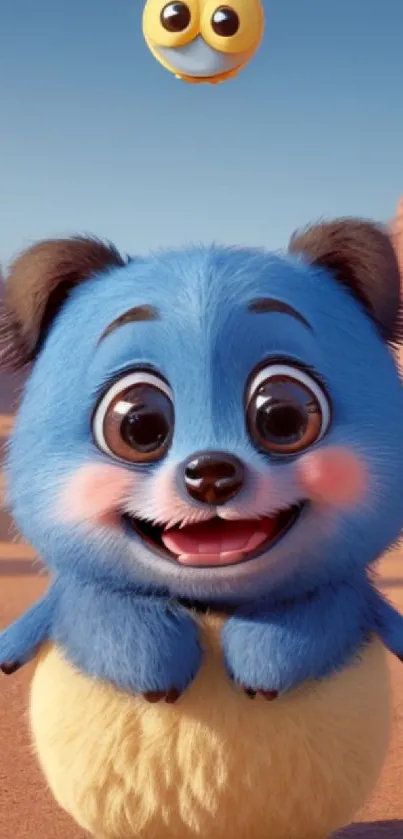 Cute blue furry creature in a desert landscape, perfect for phone wallpaper.
