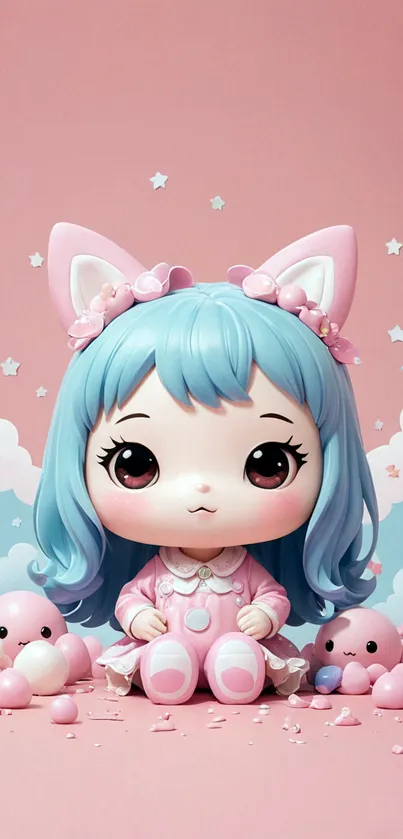 Cute blue-haired character on pastel pink and blue background.