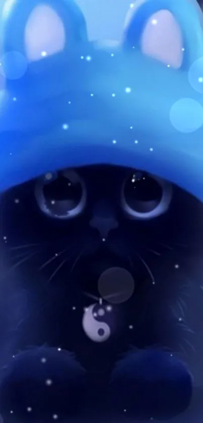 Cute black cat with blue hat wallpaper.