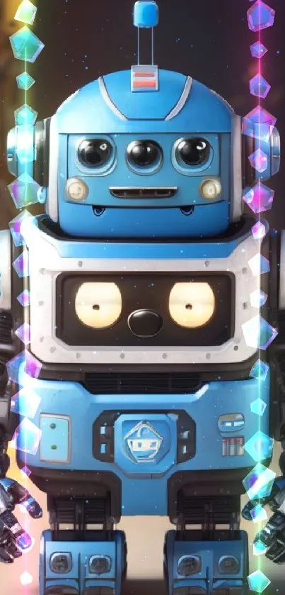 Cute blue robot in futuristic setting mobile wallpaper.