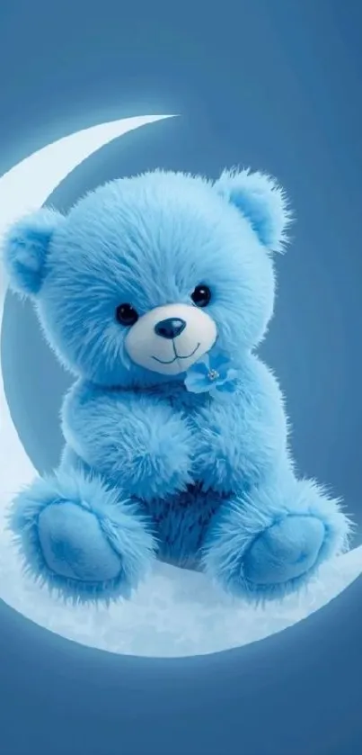 Cute blue teddy bear on a crescent moon wallpaper.