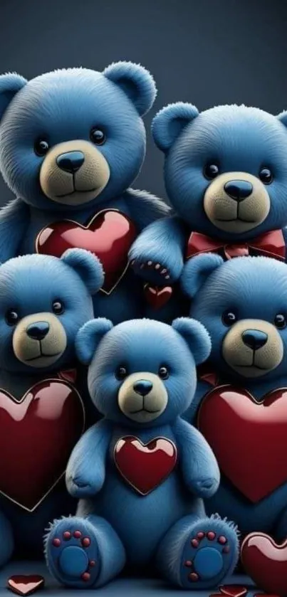 Five blue teddy bears holding red hearts in a cute arrangement.