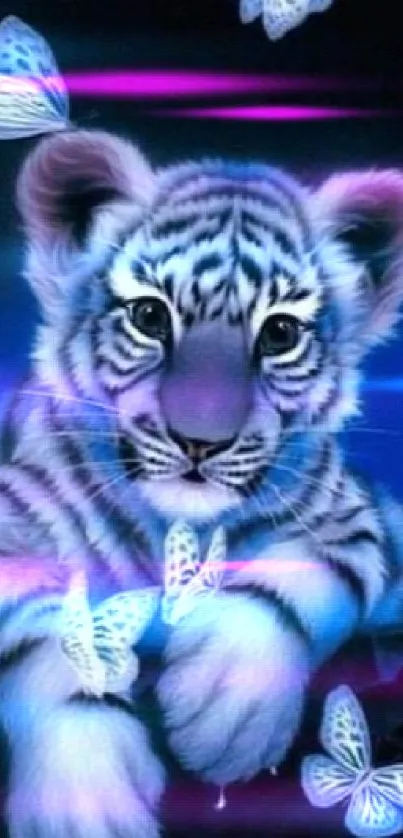 Whimsical blue tiger cub with butterflies mobile wallpaper.