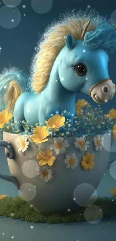 Charming blue unicorn in cup with flowers.