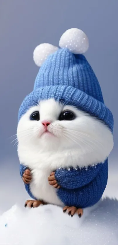 Cute cartoon creature in a blue wool hat on snowy background.