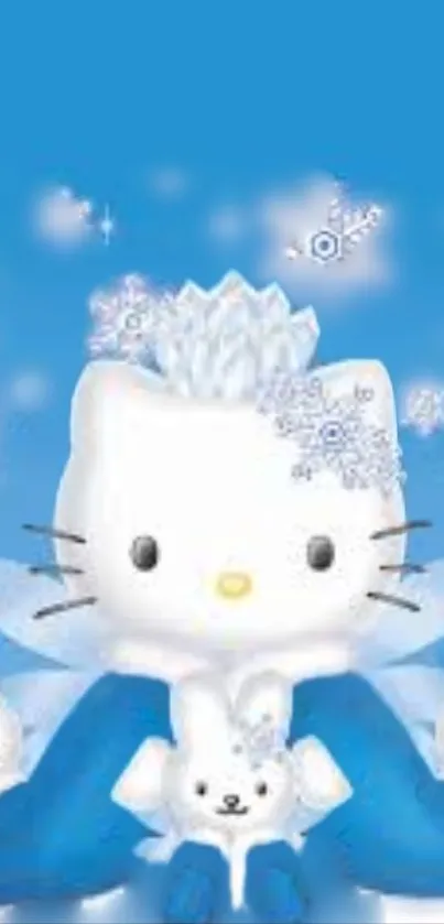 Cute winter kitten with snowflakes and icy blue tones.