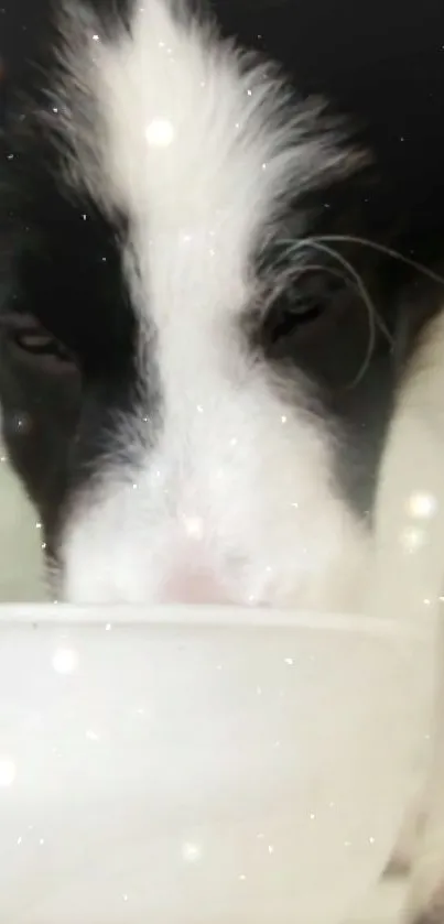 Adorable border collie puppy sipping water with sparkling backdrop.