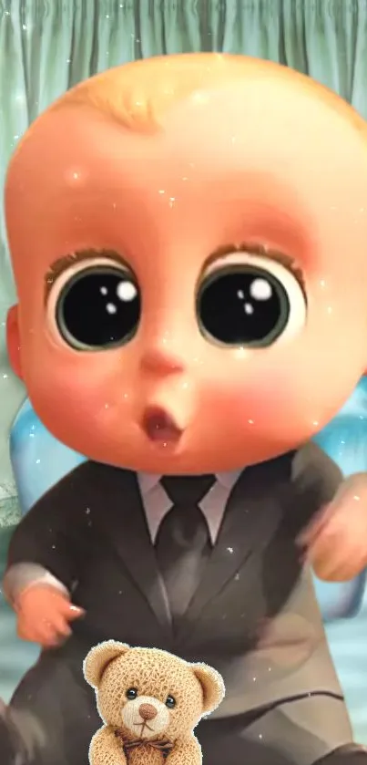 Cute cartoon baby in a suit with teddy bear and big eyes.